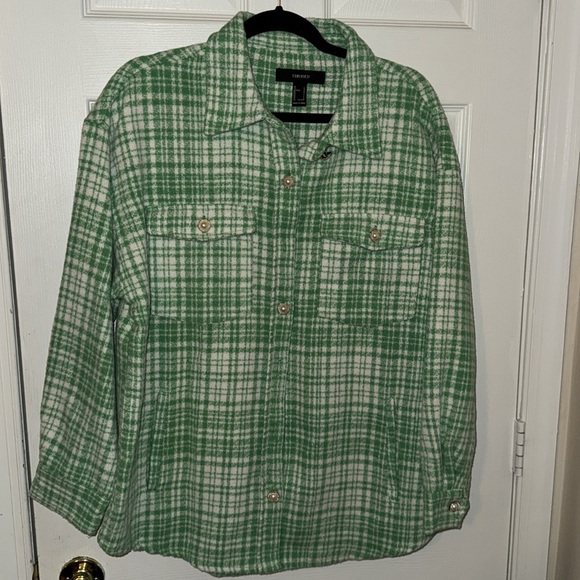 Forever 21 Plaid Longline Shacket Size L Color Green Cream - Picture 2 of 8